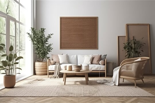 Mockup of a frame with a dark toned, wooden Nordic living room with parquet and a window, a sofa and pillows, a carpet, a rattan table, and decorations. contemporary Scandinavian design,. Generative