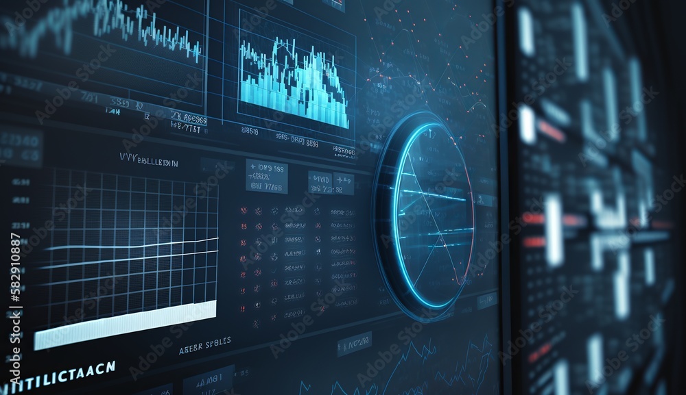 Poster Digital analytics data information visualization display. Generative AI technology.