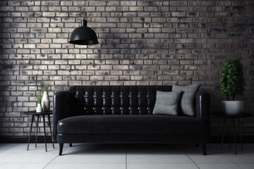 Close up of a white brick wall and a black retro style sofa for interior design. Generative AI