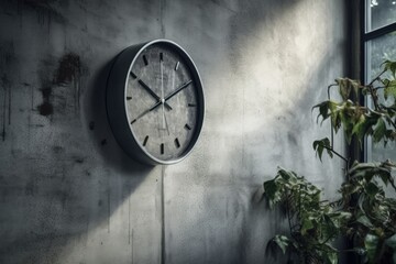 A clock on a wall made of raw, dark concrete. Generative AI