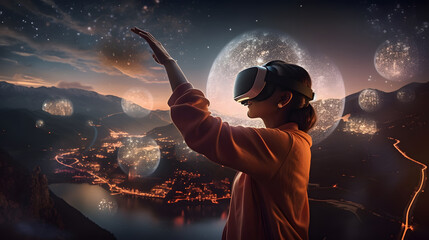 Obraz premium woman with virtual reality glasses, metaverse concept, virtual reality, augmented reality, multiverse, videogames