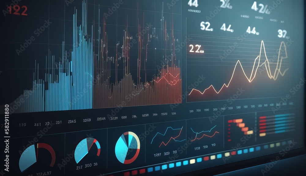 Poster Digital analytics data visualization display background. Generative AI technology.