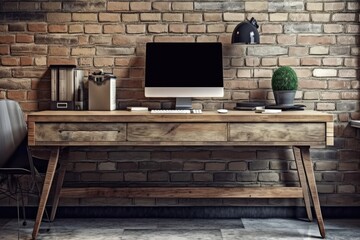 Old wooden table with a PC and a gray brick wall in the backdrop. Generative AI