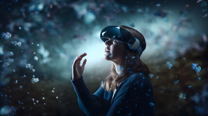 Naklejka na ściany i meble woman with virtual reality glasses, metaverse concept, virtual reality, augmented reality, multiverse, videogames