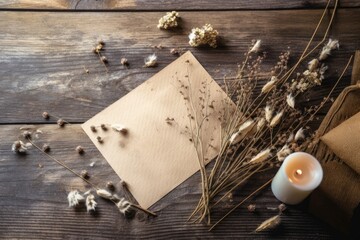 Fototapeta premium Background A clean postcard with twigs of dry grass and flowers in a romantic, calm natural setting. close up, copy space, and a top view gift and wedding fund. Generative AI