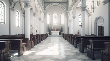 Church white stone classic interior background. Generative AI technology.