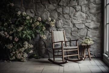 Background of a grey stone wall, a rocking chair, a floral detail, and a style of home décor. Generative AI