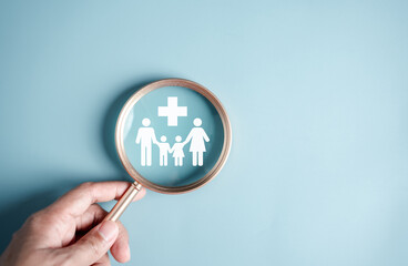 Health and Life insurance of protect family concept. focus to family and plus healthcare medical icon focus, health and access to welfare health concept...