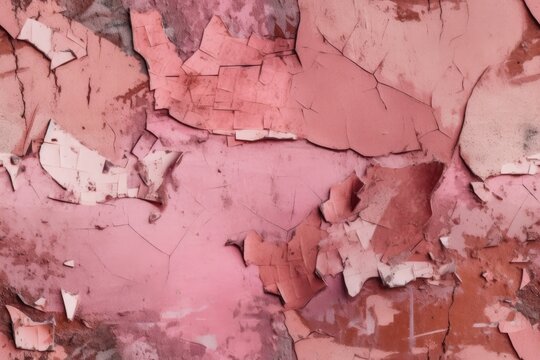 Pink cement that is fractured and textured with a vintage old style plaster background. painted surface with a faded, pastel, rosy appearance. Top rough, red, vacant, brushed sand, crack. Generative