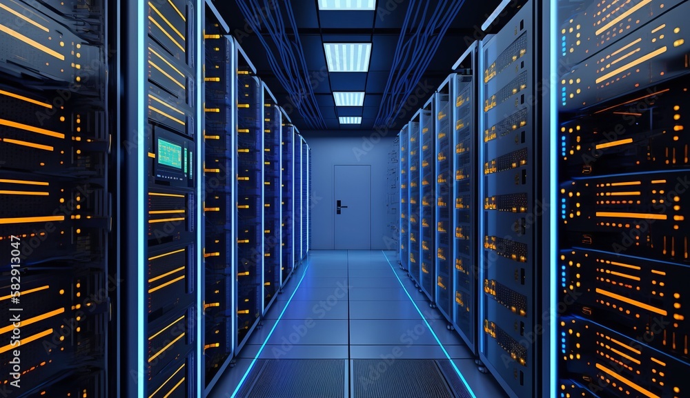 Poster Server racks technology at data center room. Generative AI technology.
