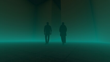 Fototapeta na wymiar alone in the dark of empty backroom liminal space 3d render