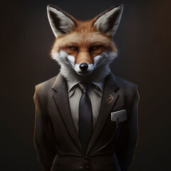 Fox with office suit,scammer dark background full hd,8k. Business scam concept.