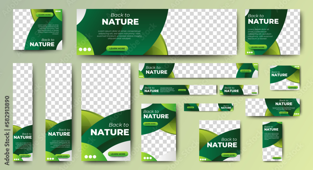 Poster nature banner design web template set, horizontal header web banner. modern gradient green cover hea