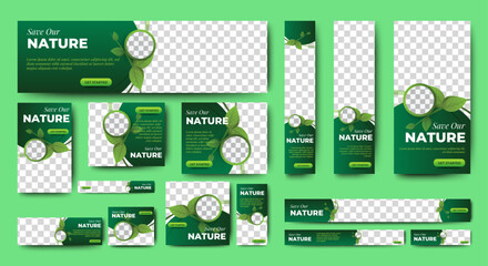 Nature banner design web template Set, Horizontal header web banner. Modern Gradient green cover header background for website design, Social Media Cover ads banner, flyer, invitation card