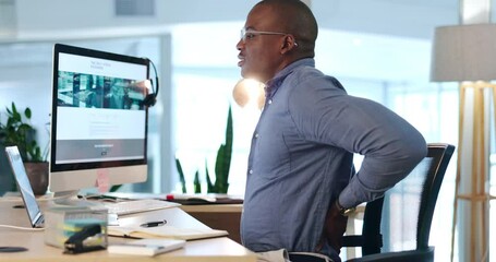 Back pain, office stress and black man in business, muscle injury and health risk at desk chair. Uncomfortable male worker, spine problem and bad posture of body, scoliosis and fatigue of overtime