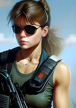 Young woman with gun in a soldier uniform. Girl in black sunglasses.