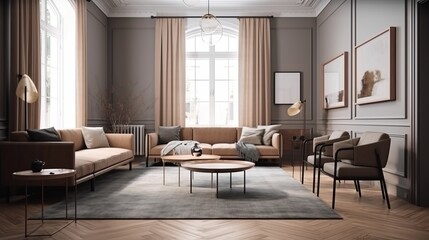 Modern living room interior background. Generative AI technology.	