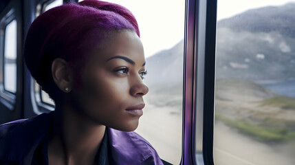 Fototapeta na wymiar woman looking at the landscape while traveling by train