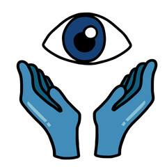 Eye in doctor glove hand cartoon 