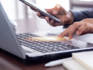 Concept of accessing private data with password verification. The login icon and password over screen laptop. .