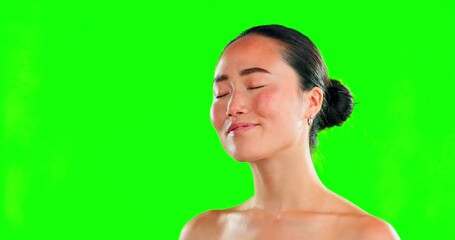 Beauty, face and asian woman thinking on green screen background for skincare, dermatology and cosmetics. Natural female model with spa facial or self care glow on skin with mockup space in studio