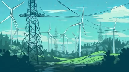 Zelfklevend Fotobehang Wind turbine landscape background. Clean green energy concept. Generative AI technology. © Hero Design