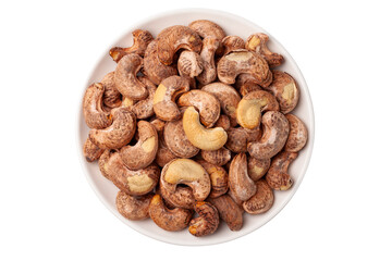 close up a dish of roasted cashew nuts on white background.