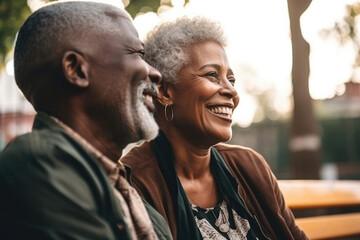 Happy Black senior couple relaxing outdoors at park together. Generative AI. 
