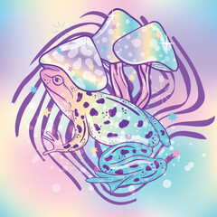 Vintage vector illustration of a toad and mushroom hat. Witchcraft gothic. Rave party concept.