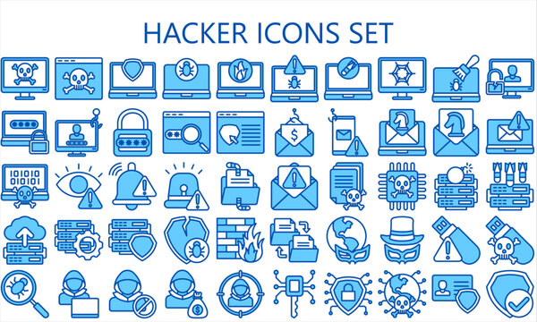 Hacker blue color icons set. contain such as data, security, warning, phishing, computer, anonymous and more. use for modern concept, UI or UX kit, web and app. vector EPS 10 ready convert to SVG