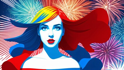 Pop Art Woman Long Hair Fireworks Illustratred Patriotic Red White and Blue Generative Ai Illustration