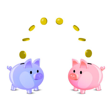 Cartoon two piggy banks pig. Money saving concept. Business concept. Vector illustration.