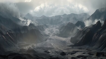 Dry magma mountain background. Volcano catastrophe wallpaper. Generative AI technology.	
