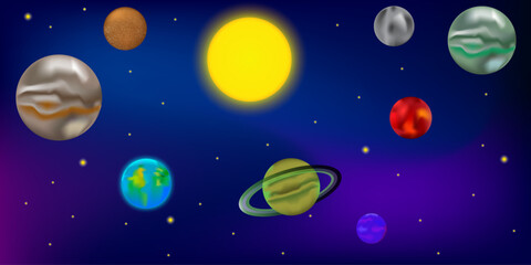 Obraz na płótnie Canvas Sky planet space in cartoon style. Colorful sky planet space in modern style. Space background. Vector illustration.