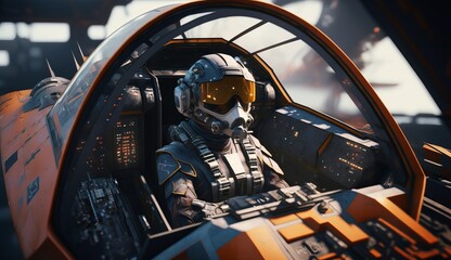 Pilot on futuristic plane cockpit background. Generative AI technology.