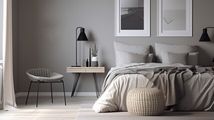 Bedroom on modern minimalist style interior background. Generative AI technology.