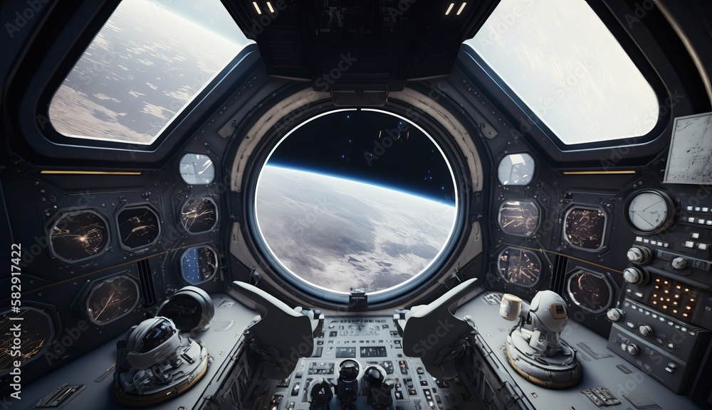 Poster cockpit view of spaceship. generative ai technology.