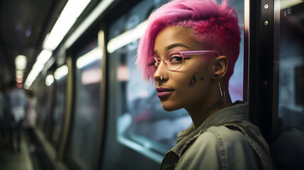 Fototapeta na wymiar girl with attitude, cyberpunk style, traveling in the subway at night