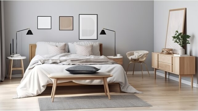 Bedroom on scandinavian style interior background. Generative AI technology.