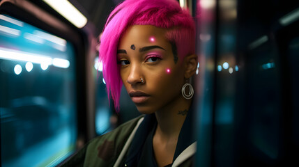 Fototapeta na wymiar girl with attitude, cyberpunk style, traveling in the subway at night