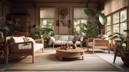 Fototapeta premium Living room on classic wooden tropical style interior background. Generative AI technology.