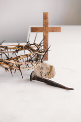 He is Risen. Jesus Crown Thorns and nails and cross on a white background. Crucifixion Of Jesus...