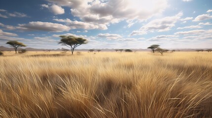 Savana meadow landscape background. Generative AI technology.	