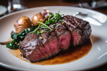 A seared sirloin steak, served with a side of roasted root vegetables and a fragrant rosemary jus