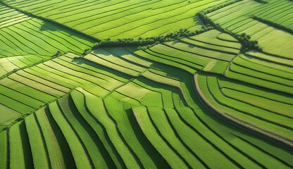 Vast aerial shot green rice field background.  Generative AI technology.