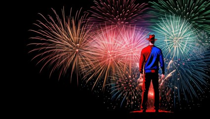Fototapeta na wymiar Pop Art Man Shilouette Fireworks Illustratred Patriotic Red White and Blue Generative Ai Illustration