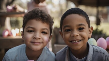 An Artistic Happy Easter of Diversity Equity Inclusion DEI: Multiracial Kids Boys Celebrating Easter with Confidence and Smiles, Symbolizing Unity and Acceptance (Generative AI