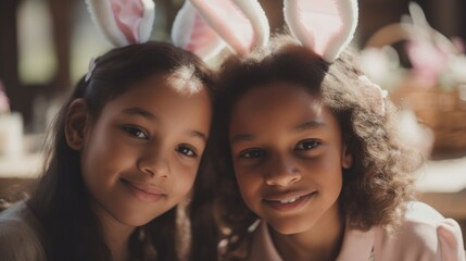 Obraz premium A Beautiful Artistic Happy Easter of Equity Inclusion DEI: Multiracial Kids Girls Celebrating Easter with Confidence and Smiles, Symbolizing Unity and Acceptance (Generative AI
