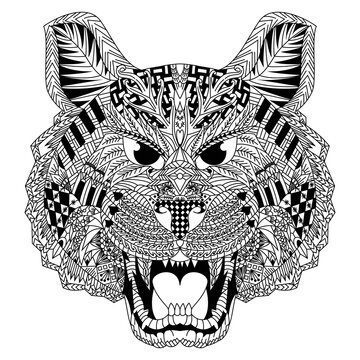 Hand drawn of tiger head in zentangle style