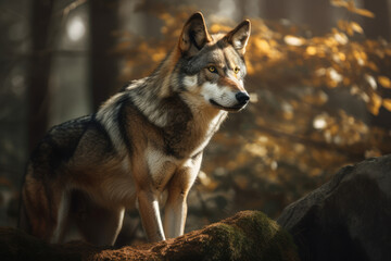 Naklejka na ściany i meble A wolf on forest mountain looking at camera, Ai Generative